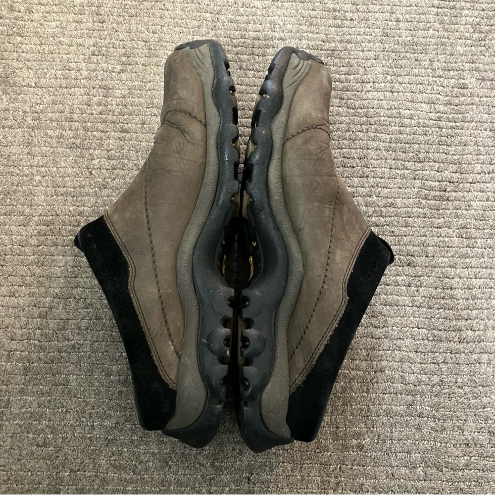 Timberland brown leather slip on trek travel shoes.